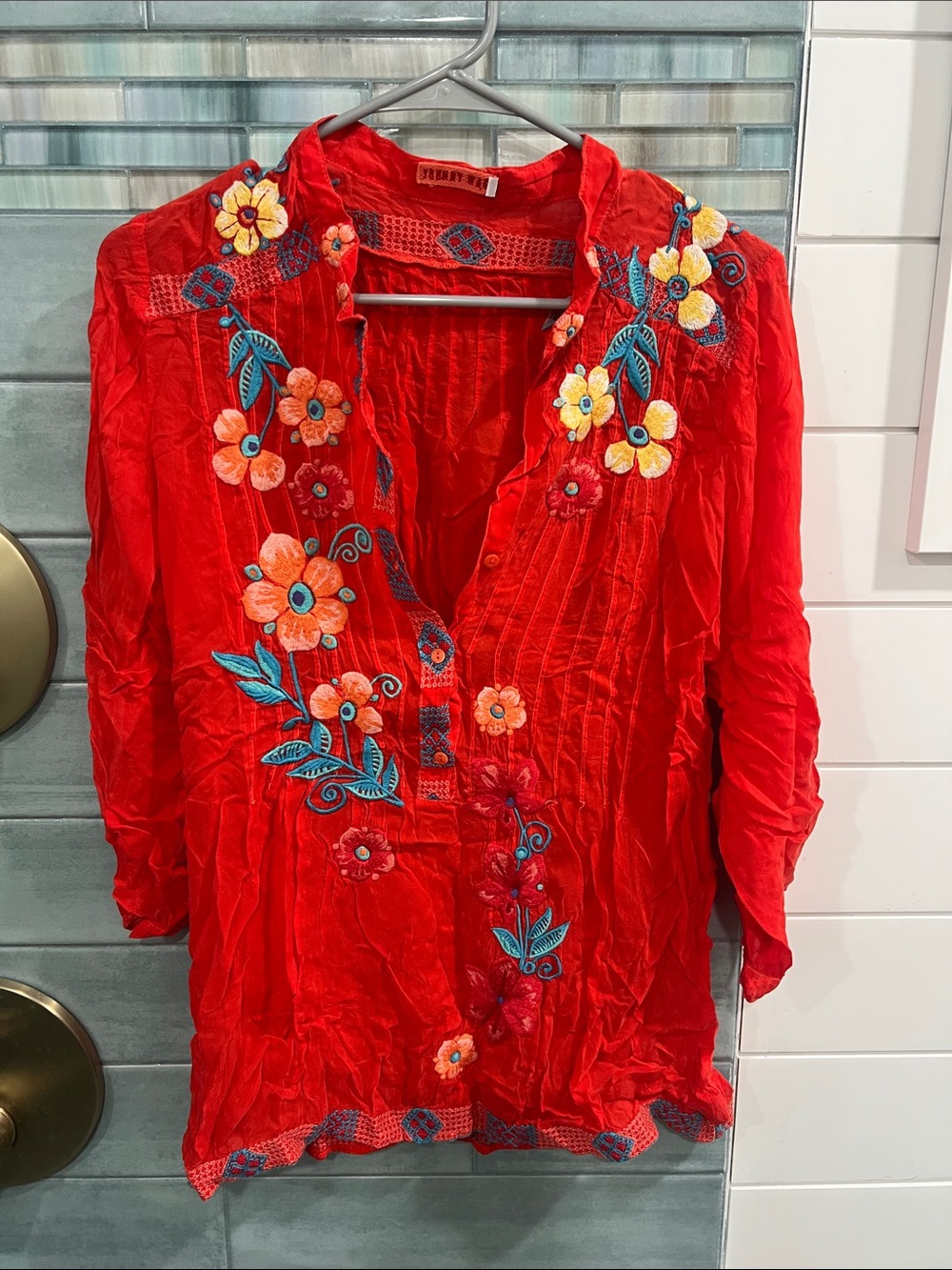 Johnny Was Red Floral Embroidered Tunic